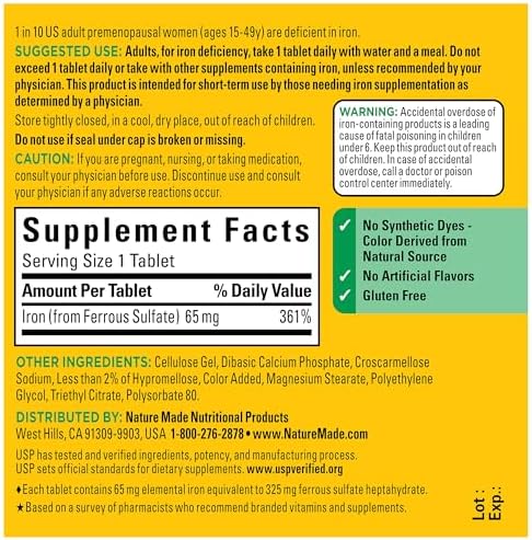 Nature Made Ferrous Sulfate 325mg tablets imported safety warnings label