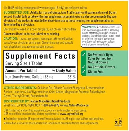 Nature Made Ferrous Sulfate 325mg tablets imported safety warnings label