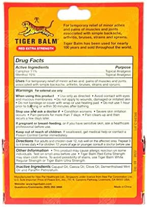 Tiger Balm Red 18g pain relief ointment side panel detailing safety guidelines