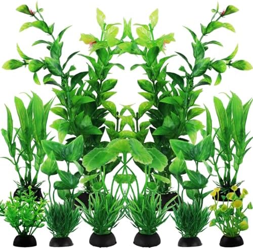 QUOZUO artificial aquarium plants set showing ten pieces of varying sizes on a white background.
