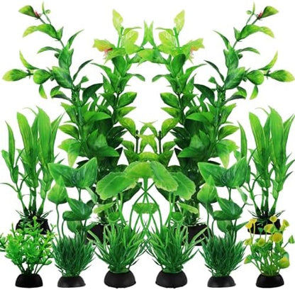 QUOZUO artificial aquarium plants set showing ten pieces of varying sizes on a white background.