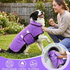 Bienbee dog bathrobe demonstrating fit on medium dog