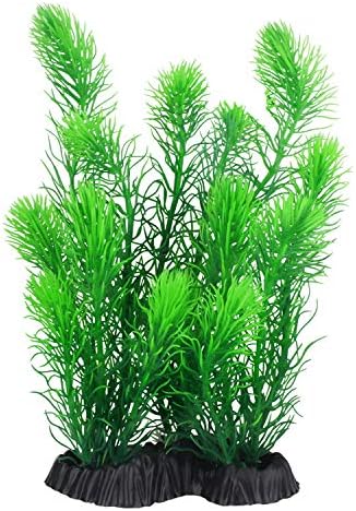 Premium plastic fish tank plants with heavy ceramic bases close up view.