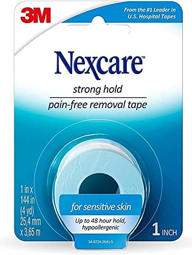 Rear packaging text of Nexcare low trauma medical tape outlining product features and instructions for fragile skin care.