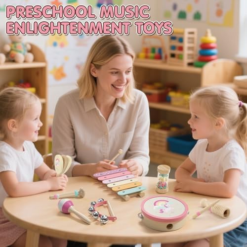 Lehoo Castle musical instruments for children neatly arranged next to the included storage bag.
