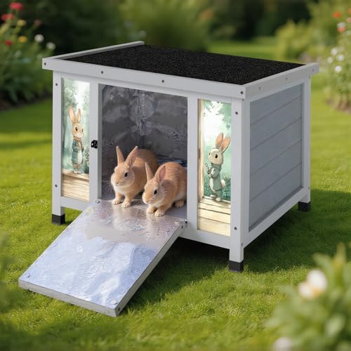 Coziwow 25" Insulated Cat House Bunny Hutch for Outdoor & Indoor Use - Solid Wood Rabbit Cage with Winter Warm Liner, Lightweight Weatherproof Shelter for Cats, Rabbits, Small Animals (Gray) - Image 2