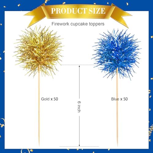 Close up of gold and blue tinsel firework cake decorations