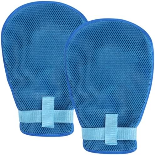 Blue mesh anti-scratch mitts with zipper opening for medical monitoring.