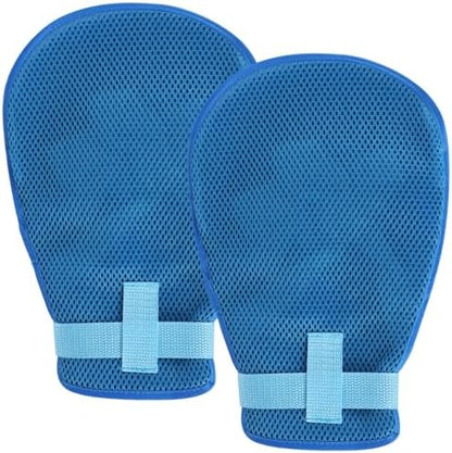 Blue mesh anti-scratch mitts with zipper opening for medical monitoring.