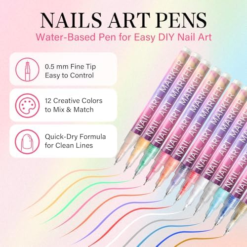 12 Colors Nail Art Pens Set, 2025 Upgrade Nail Art Markers, 0.5mm Fine Tip DIY Quick Dry Graffiti Dotting & Liner Pens for Gel Nails, 3D Nail Polish Pens for Painting, Nail Art Drawing Tool (1 Set) - Image 2