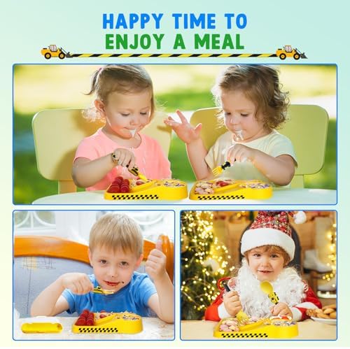 Toddler fork and spoon with car-themed yellow handles