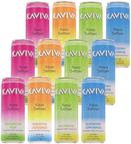 Kaviva non-alcoholic natural unwinding beverage package showing the complete twelve count variety assortment.