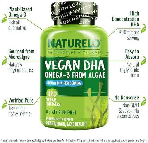 Naturelo plant based omega 3 algal oil softgels bottle showing supplement facts and ingredient highlights.