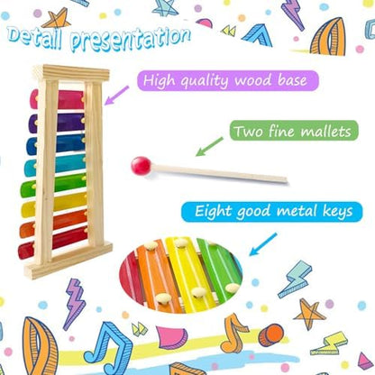 Close up view of the smooth wooden base and colorful percussion keys of the Blvochnnt educational toy