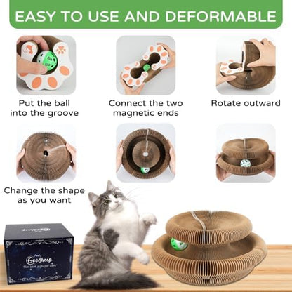 Two Goosheep magic organ cat scratchers connected together to make a larger circular cat playground