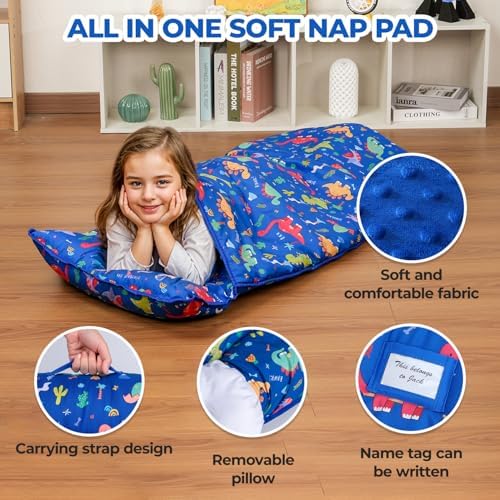Kulahlik kids sleeping mat unrolled displaying the removable pillow and soft bean quilt blanket inner lining
