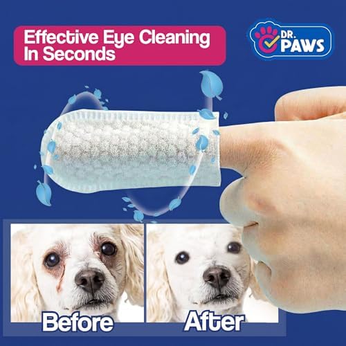 Back label of Dr Paws pet eye cleansing finger wipes with instructions and features.