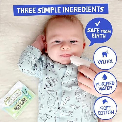 Back label of Jack N' Jill baby tooth wipes showing safe water and xylitol ingredients list