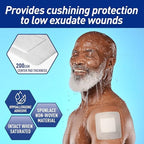 Demonstration of the easy peel back paper backing on the MED PRIDE bordered gauze dressing for quick application.