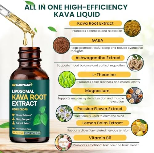 Two fluid ounce bottle of liposomal kava root extract showing supplement facts.