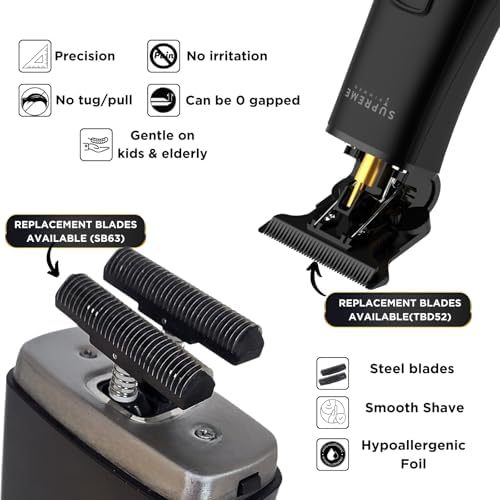 Supreme Trimmer T-Shaper hair trimmer showing the premium black diamond like carbon blade engineered for precision fades