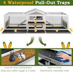 PetsCosset Double Rabbit Hutch Outdoor Indoor Large Bunny Cage with Dual Side Runs, 2-Story Wooden Hutch with 4 Leak Proof Trays, 8 Wheels, Waterproof Roof, Ramp, for Small to Medium Animals - Image 4