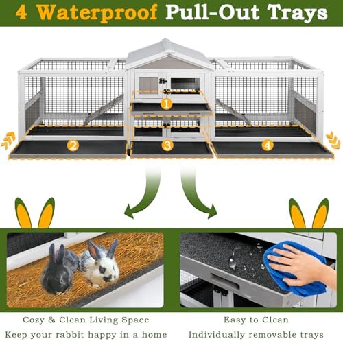 PetsCosset Double Rabbit Hutch Outdoor Indoor Large Bunny Cage with Dual Side Runs, 2-Story Wooden Hutch with 4 Leak Proof Trays, 8 Wheels, Waterproof Roof, Ramp, for Small to Medium Animals - Image 4