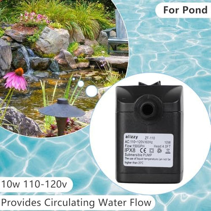 Alizzy submersible water pump operating quietly in a decorative tabletop fountain setup.