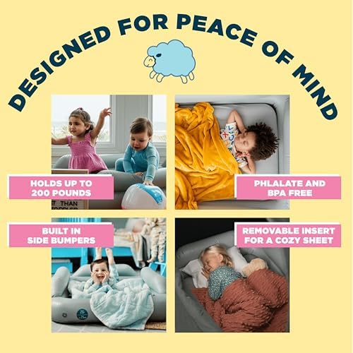 Toddler sleeping safely inside the SlumberPod SlumberTot inflatable bed with protective raised sides.