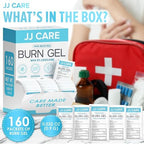 Close up of JJ CARE burn gel packaging showing 2 percent Lidocaine concentration.
