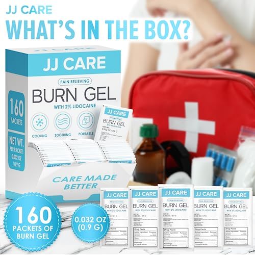 Close up of JJ CARE burn gel packaging showing 2 percent Lidocaine concentration.