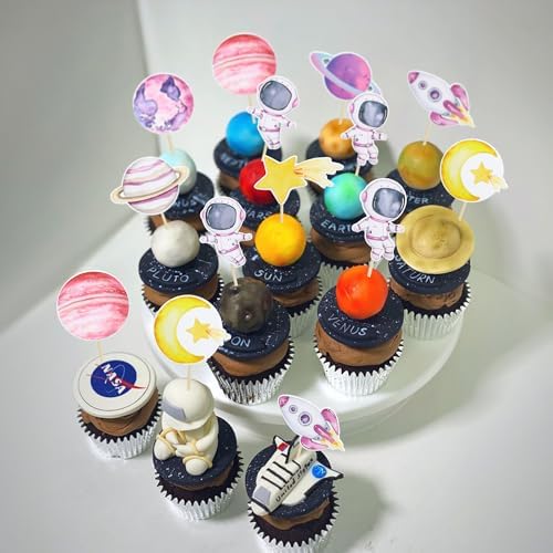 Full collection of 36 piece pink astronaut birthday cupcake toppers