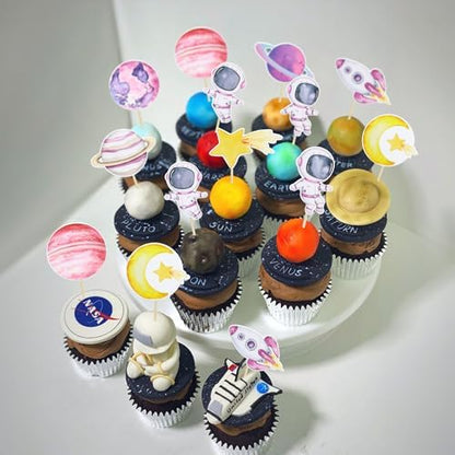 Full collection of 36 piece pink astronaut birthday cupcake toppers