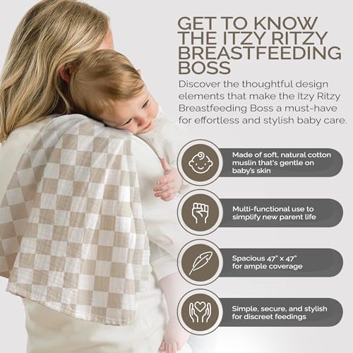 Parent using Itzy Ritzy muslin cover for discreet breastfeeding