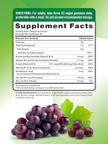 Nature's Truth Iron Gummies with Zinc and B-Vitamins supplement facts label detail