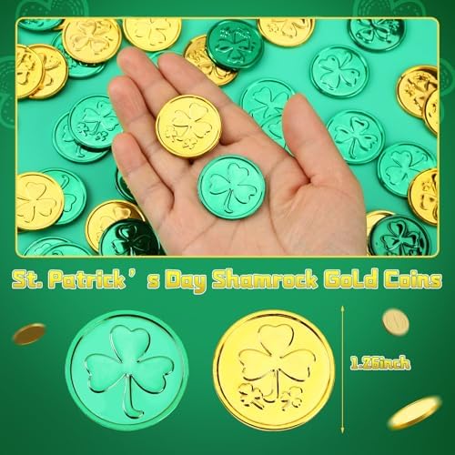Close-up of eighty pieces of double-sided plastic shamrock coins mixed together for party decorations.