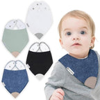 Bazzle Baby Bandana Teething Bib 4-Pack front view showing denim and sage colors with attached silicone teethers