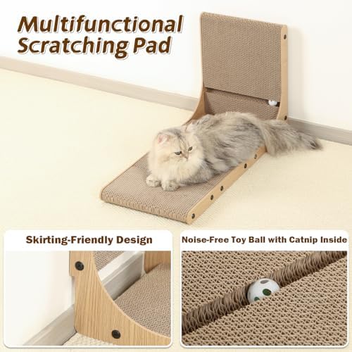 Large feline stretching fully on a Zakkart L shaped scratching post