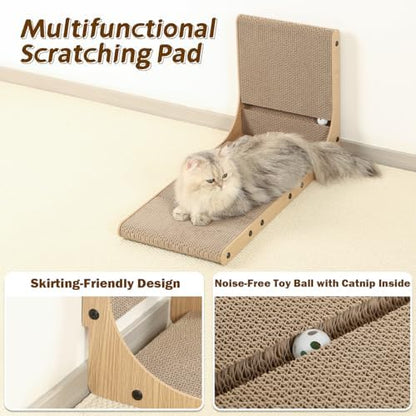 Large feline stretching fully on a Zakkart L shaped scratching post