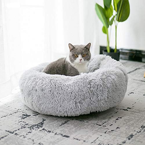 Modern Soft Plush Round Pet Bed for Cats or Small Dogs, Mini Medium Sized Dog Cat Bed Self Warming Autumn Winter Indoor Snooze Sleeping Cozy Kitty Teddy Kennel (20'' D x 8'' H, Light Grey) - Image 4