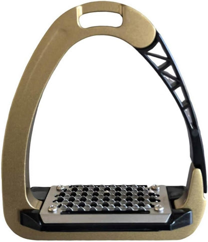 Authentic TuffRider four and one half inch red safety stirrup pair ready for saddle mounting.
