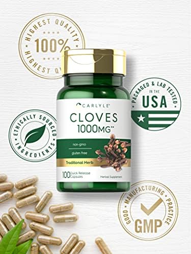 Carlyle herbal cloves extract nutritional facts panel detailing daily serving size and safety specifications.