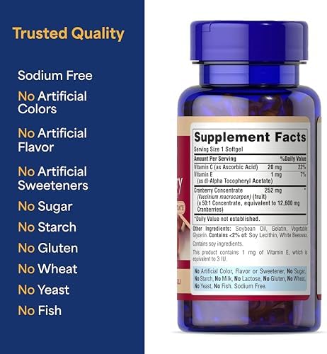 Puritan's Pride 100 softgels cranberry concentrate dietary supplement packaging
