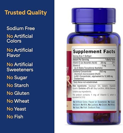 Puritan's Pride 100 softgels cranberry concentrate dietary supplement packaging