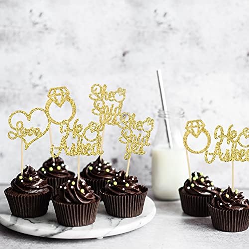 24 piece set of gold glitter engagement themed cupcake picks