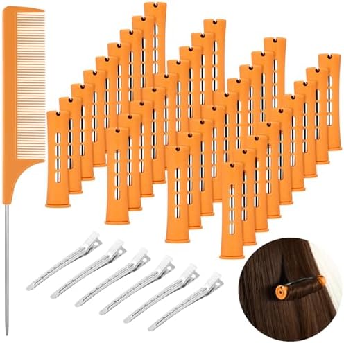 ProSuites 43 Piece Hair Perm Rods Set front view showcasing thirty-six orange plastic rollers, six metal clips, and a black rat tail comb.