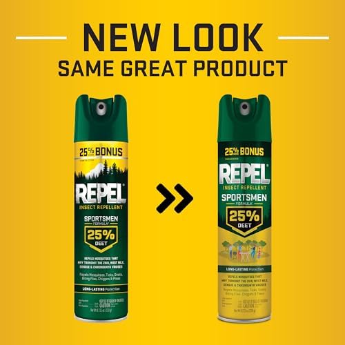 Repel Sportsmen 25 percent DEET spray can showing insect protection details