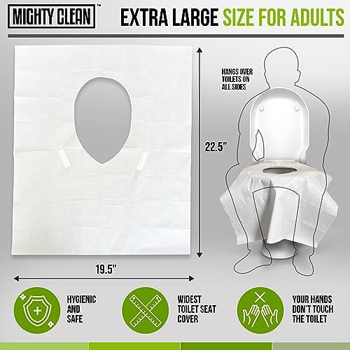 Oversized waterproof disposable toilet seat liner unfolded showcasing the extra wide drape design for maximum public restroom coverage.