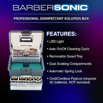 BaBylissPRO BarberSONIC sonic vibration box being closed to activate the automated salon sanitation sequence.