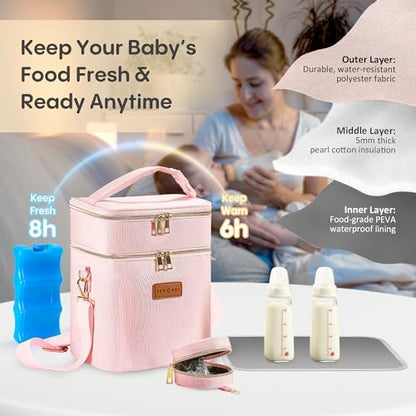 Double layer insulated baby bottle cooler bag showing storage capacity